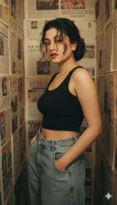 Female model posing in a narrow newspaper-covered studio with moody lighting — Newspaper Studio Gemini AI Photo Prompts aesthetic.