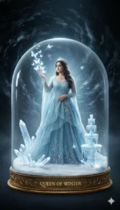 Girl in white angel dress holding snowballs inside a Christmas-themed crystal ball – Gemini AI Crystal Ball Photo Prompt For Girl
