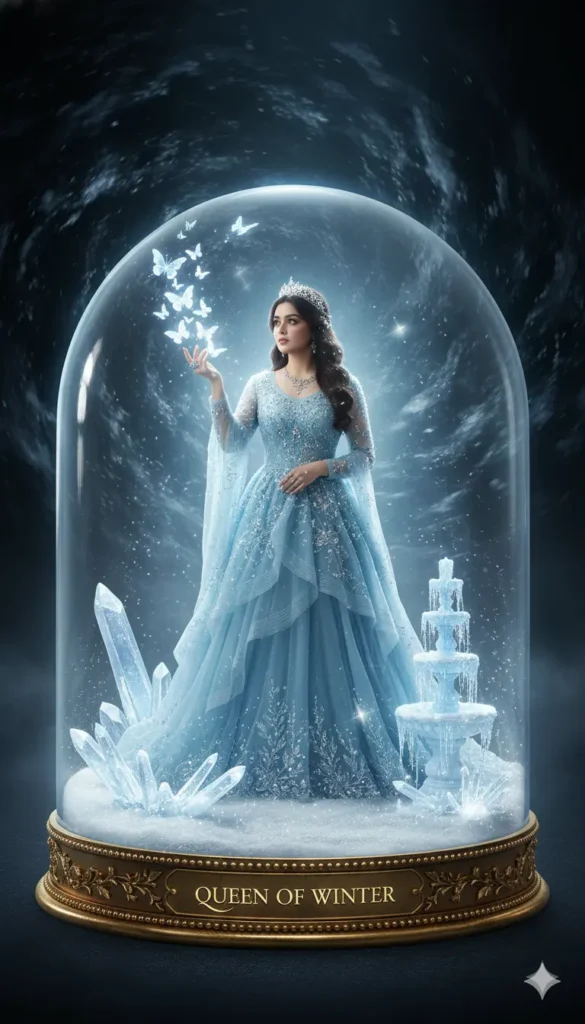 Girl in white angel dress holding snowballs inside a Christmas-themed crystal ball – Gemini AI Crystal Ball Photo Prompt For Girl