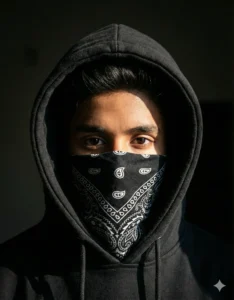 A young man wearing a black hoodie and bandana mask in dramatic lighting created with gemini Masked AI photo Prompt.