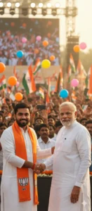 BJP Prompt AI-edited photo of two men shaking hands on stage during a political rally surrounded by tricolor flags and balloons