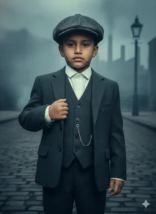 A child posing formally in a classic three-piece suit using Top 5 Kids Gemini AI Photo Prompts.