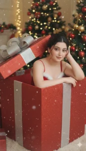Woman inside a giant gift box with Christmas tree background | Gemini AI Christmas Photo Prompt 2025