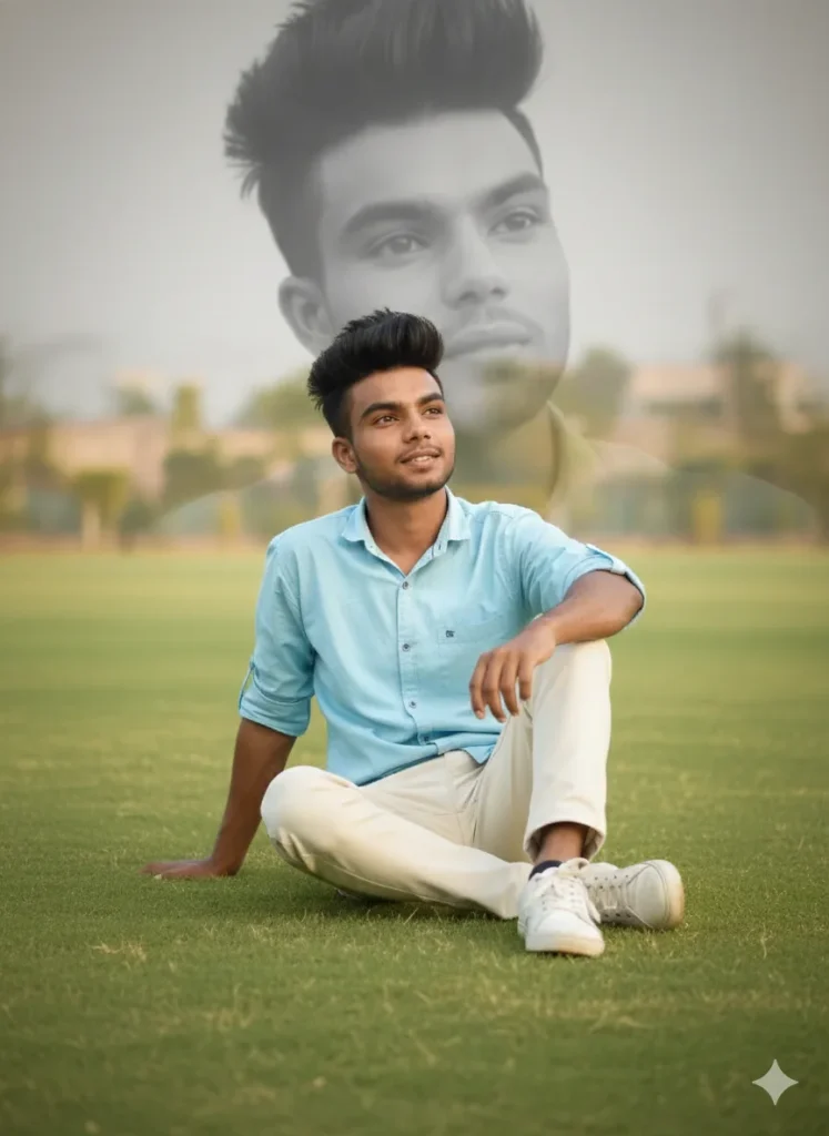Boy sitting on grass with a bright natural shadow layer background created using Gemini AI Photo Prompt Copy Paste.