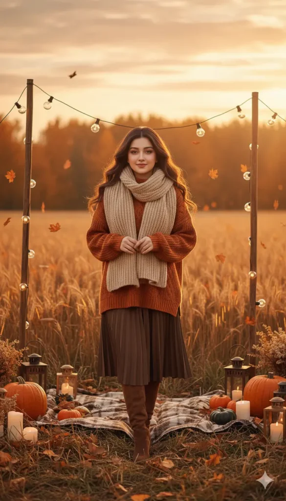 Girl posing in a warm lifestyle autumn portrait created using a Gemini AI prompt with aesthetic lighting and fall scenery.