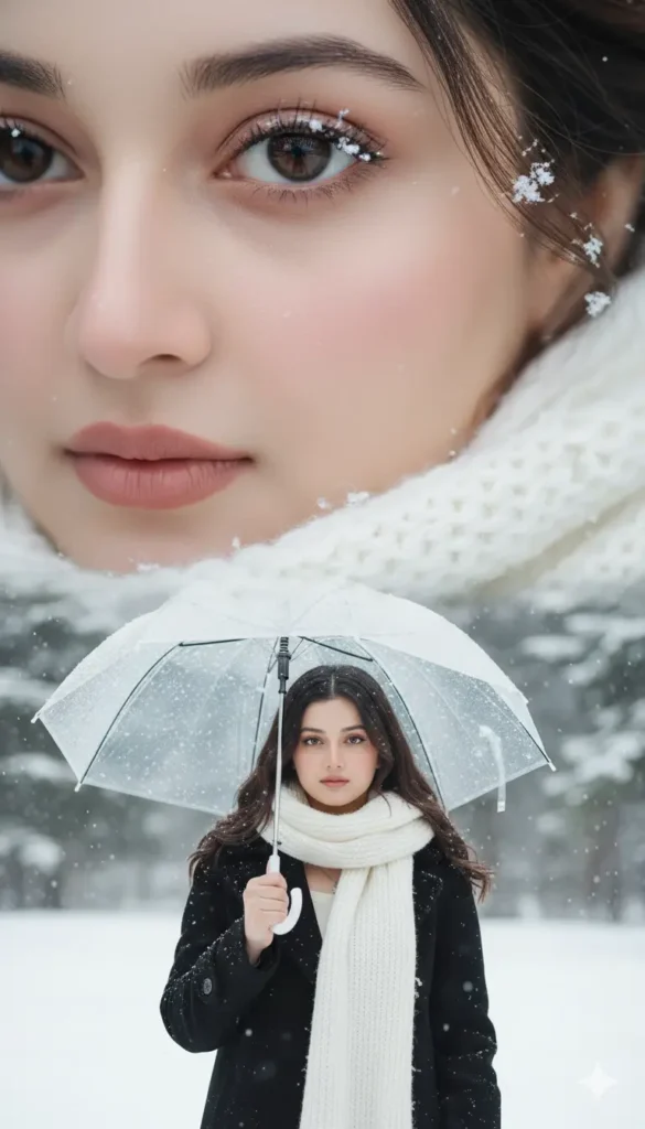 Girl in a white winter hoodie posing in snowfall; three-layer Gemini AI portrait with cinematic snowy forest background.