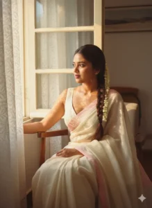 Cinematic AI portrait of a girl in a white saree sitting by a window, created with the prompt for Gemini AI girl in saree, warm natural lighting and soft tones.