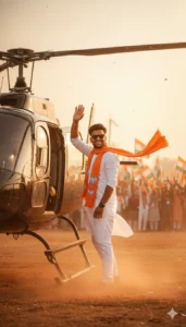 AI-edited BJP Prompt photo of a smiling man waving near a helicopter with an orange scarf during a rally in Bihar
