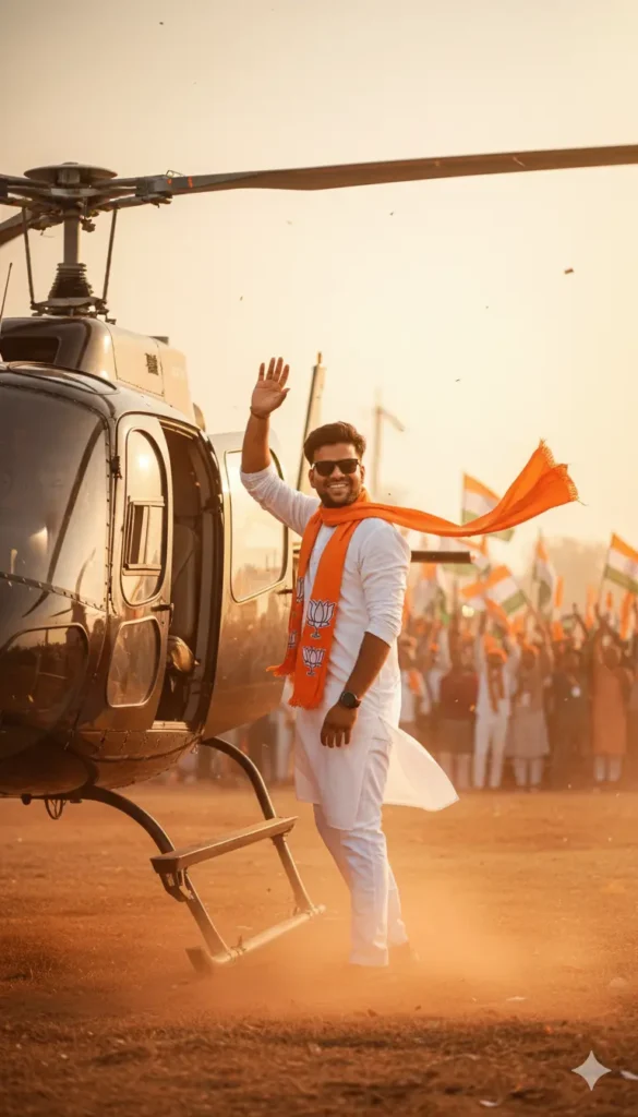 AI-edited BJP Prompt photo of a smiling man waving near a helicopter with an orange scarf during a rally in Bihar
