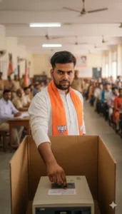 BJP Prompt inspired AI image of a man casting a vote inside a polling booth during Bihar Election, realistic Gemini AI photo edit