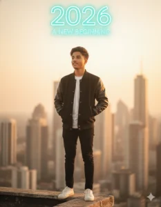 Young man walking in city street with warm cinematic lighting holding coffee – New Year 2026 AI Photo Prompt 2026