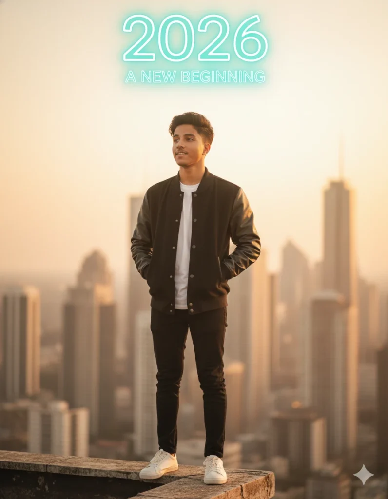 Young man walking in city street with warm cinematic lighting holding coffee – New Year 2026 AI Photo Prompt 2026