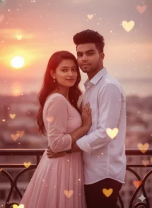 Romantic couple standing together during sunset with heart bokeh, inspired by Gemini AI Romantic couple photo prompts.