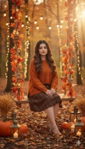 Girl sitting on an autumn swing in the forest, created using a Gemini AI aesthetic portrait prompt.
