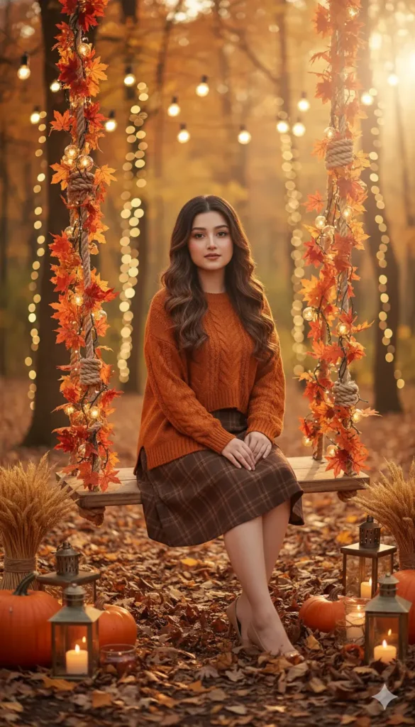 Girl sitting on an autumn swing in the forest, created using a Gemini AI aesthetic portrait prompt.
