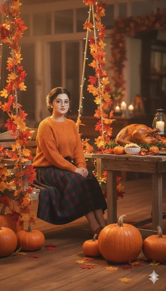 Girl sitting indoors beside a Thanksgiving dinner setup, created using an aesthetic Gemini AI lifestyle portrait prompt.