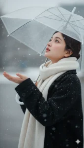 Gemini AI snowfall aesthetic girl photo with transparent umbrella looking at sky winter portrait