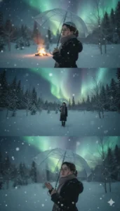 Girl standing under aurora lights with transparent umbrella in snowfall; created using Google Gemini AI 3 layer night prompt.