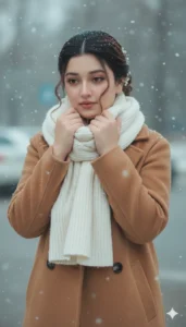 Gemini AI winter snow photo of girl wearing beige coat on snowy street aesthetic portrait