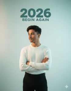 Young man in white traditional outfit praying with golden particles behind him – New Year 2026 AI Photo Prompt 2026