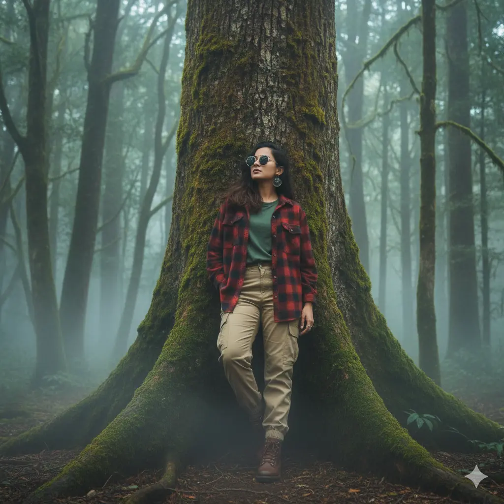 Cinematic AI-edited portrait of a woman leaning against a giant mossy tree in a foggy forest, inspired by Google Gemini AI photo editing trend for girls on Instagram 2025