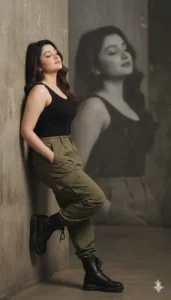 Gemini AI Photo Prompt Copy Paste. Girl leaning against a wall with a moody monochrome background made using 