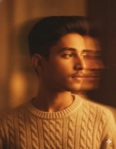 Close-up vintage portrait with sweater and golden 90s lighting using Trending Gemini AI 90s Style Photo Prompt featuring a Boy.