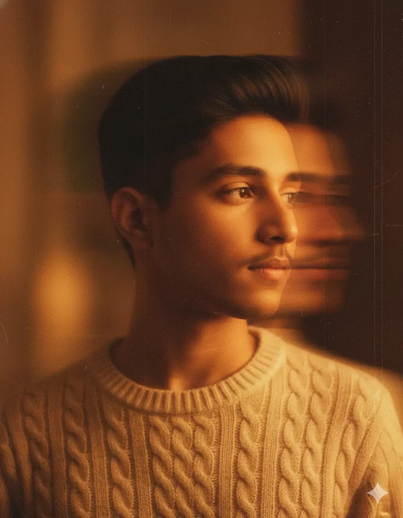 Close-up vintage portrait with sweater and golden 90s lighting using Trending Gemini AI 90s Style Photo Prompt featuring a Boy.