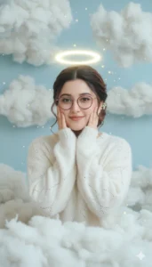 cute girl pose created with Gemini AI, featuring aesthetic poses like wink, kiss, heart hands, angel halo, floral crown and soft pastel backgrounds trending on Instagram in 2025