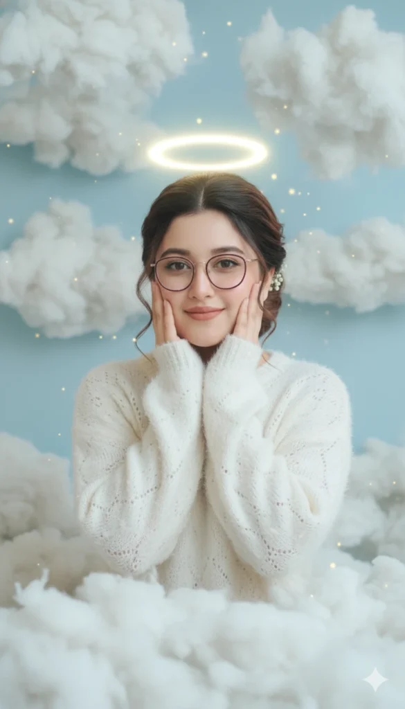 cute girl pose created with Gemini AI, featuring aesthetic poses like wink, kiss, heart hands, angel halo, floral crown and soft pastel backgrounds trending on Instagram in 2025