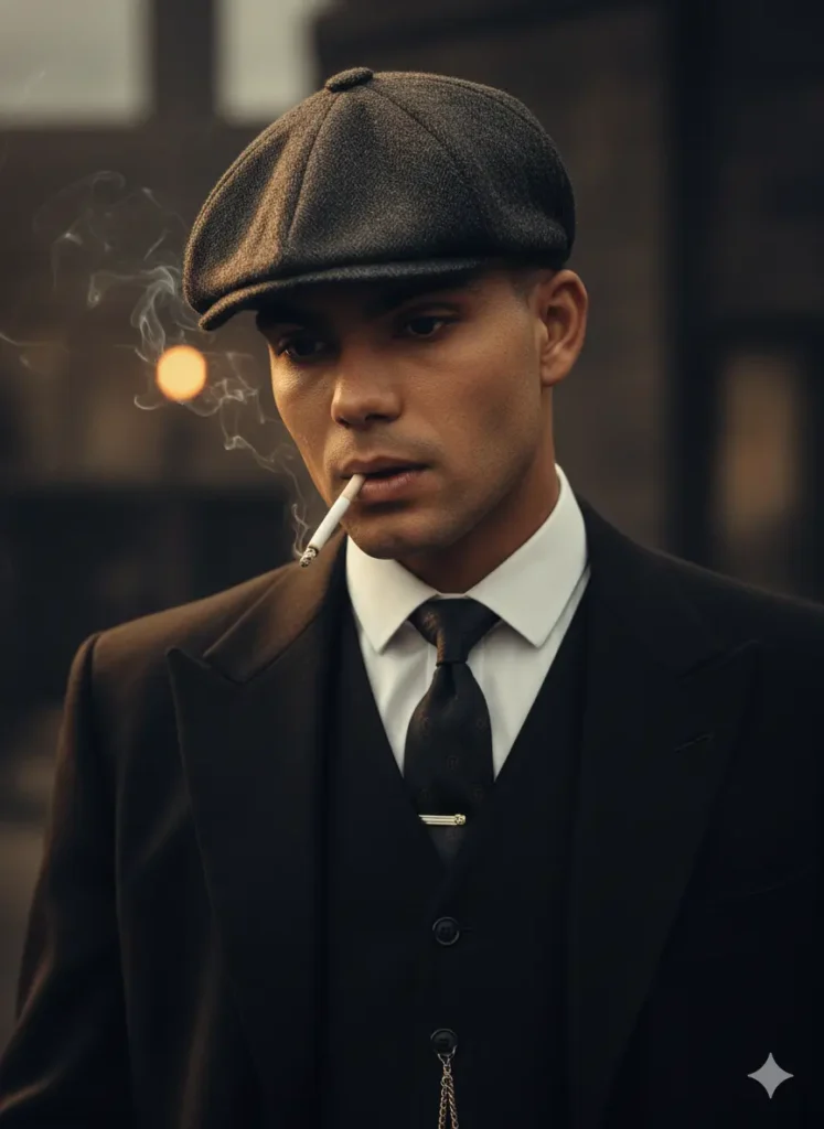 AI portrait of a man in a dark three-piece suit and flat cap smoking, styled in Peaky Blinders Prompt aesthetic using Google Gemini AI photo editing trend 2025