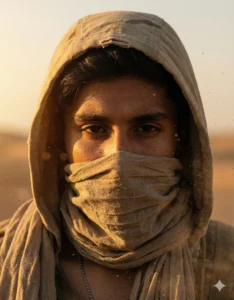 Close-up desert portrait of a masked young man with sand particles and warm sunlight using gemini Masked AI photo Prompt.