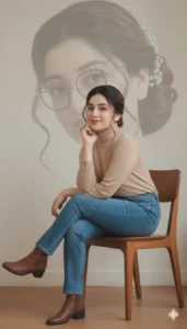 Girl sitting on a chair with a large faded face background created using Gemini AI Photo Prompt Copy Paste.