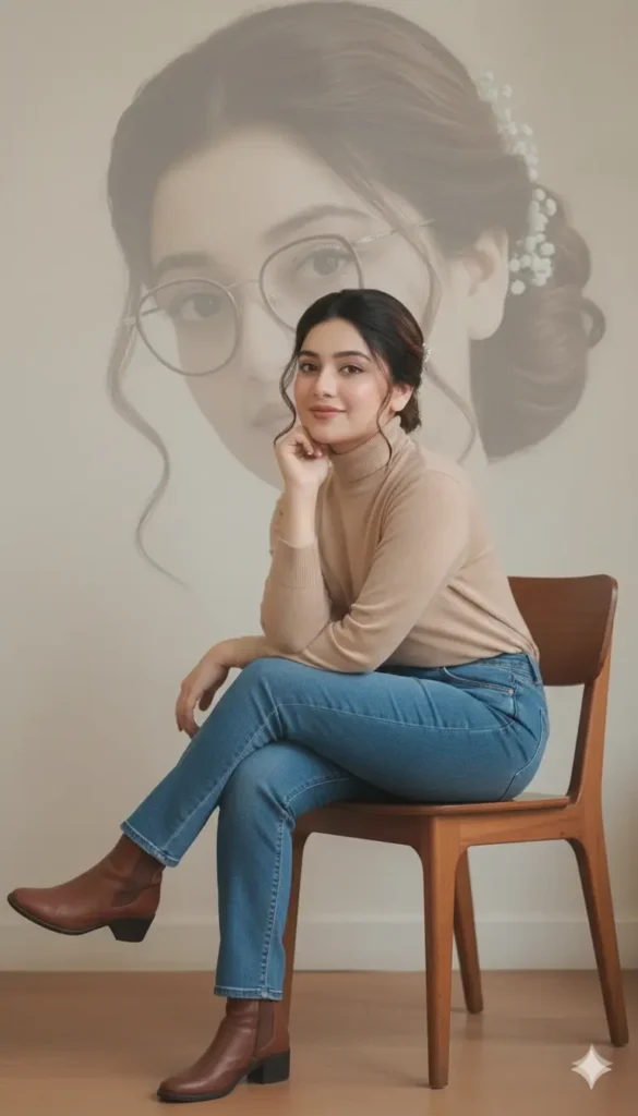 Girl sitting on a chair with a large faded face background created using Gemini AI Photo Prompt Copy Paste.