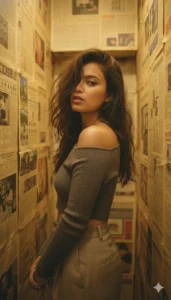 Model standing in a vintage newspaper-filled hallway with dramatic lighting — Newspaper Studio Gemini AI Photo Prompts style shot.