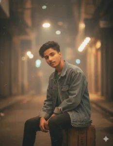 Boy sitting in a foggy street at night with warm bokeh lights, generated with gemini Romantic AI photo Prompt.