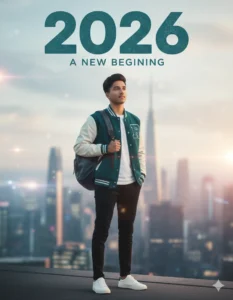 Young man in black jacket standing on rooftop with city skyline at sunset – New Year 2026 AI Photo Prompt 2026