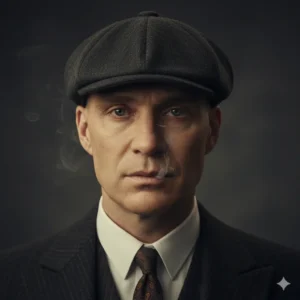 Close-up AI portrait of a man wearing a vintage flat cap and suit, styled in Peaky Blinders Prompt aesthetic using Google Gemini AI photo editing trend 2025