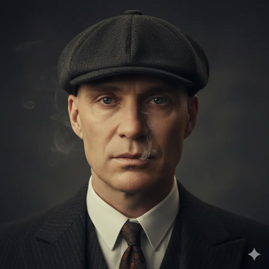 Close-up AI portrait of a man wearing a vintage flat cap and suit, styled in Peaky Blinders Prompt aesthetic using Google Gemini AI photo editing trend 2025