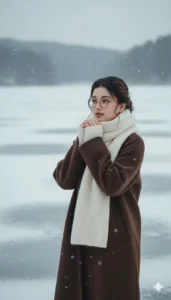 Girl in a brown coat and white scarf standing near a frozen lake during snowfall, created with Gemini AI winter photo prompts for girls.