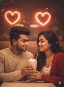 Couple sharing a milkshake under neon heart lights, styled with Romantic Gemini Couple Photo