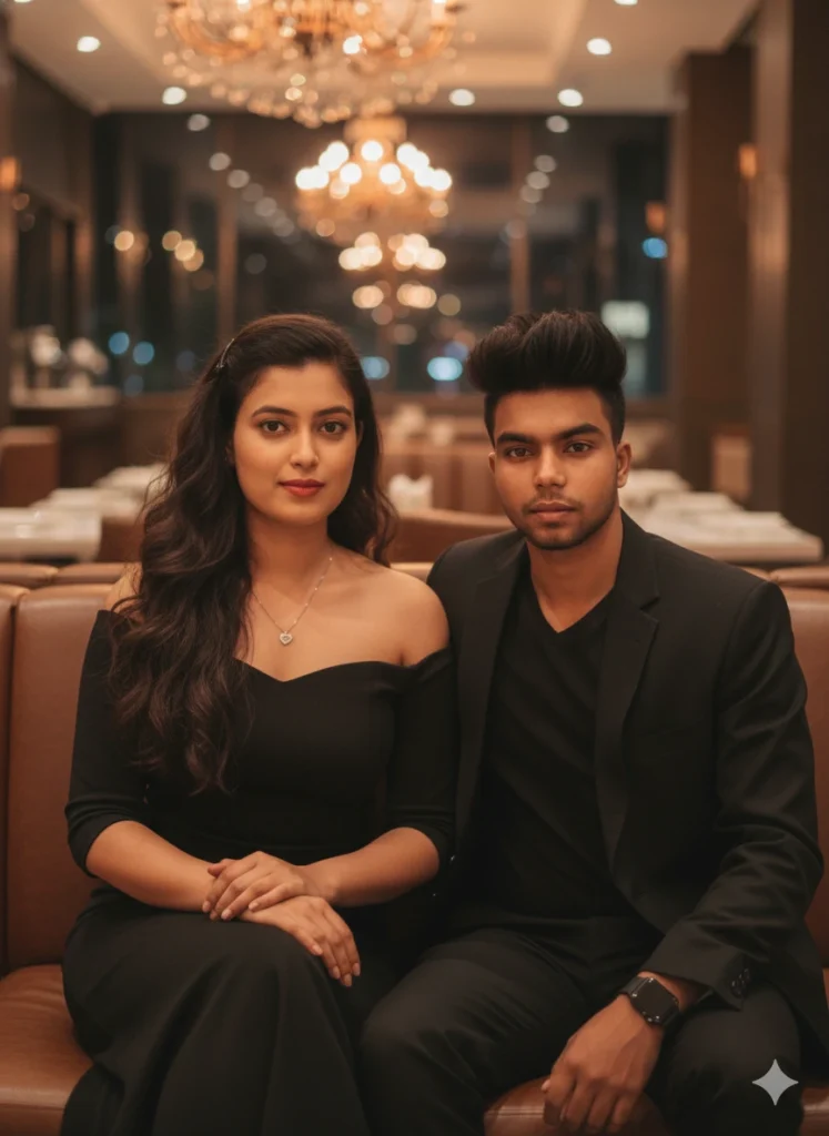 A romantic couple sitting together in an elegant indoor restaurant with warm cinematic lighting, both dressed in black for a classy evening look — an ideal example of Gemini AI Romantic Couple Photo Prompts for 4K Instagram portraits.