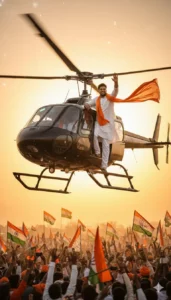 BJP Prompt cinematic AI photo of a man waving from a helicopter during a political campaign in Bihar, created using Google Gemini AI