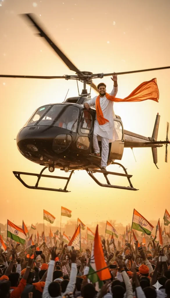 BJP Prompt cinematic AI photo of a man waving from a helicopter during a political campaign in Bihar, created using Google Gemini AI