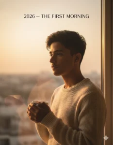 Young man wearing green jacket standing tall with city skyline in background – New Year 2026 AI Photo Prompt 2026