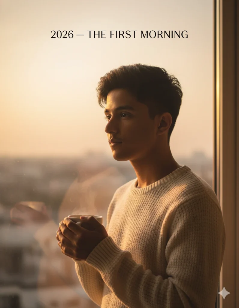 Young man wearing green jacket standing tall with city skyline in background – New Year 2026 AI Photo Prompt 2026