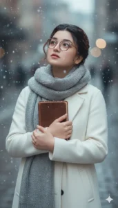 Girl in a brown winter coat and white scarf posing in snowfall, created using Gemini AI winter snow prompts for girls.