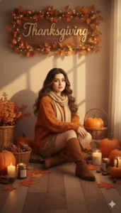 Lifestyle portrait of a girl sitting indoors with Thanksgiving décor, made using a Gemini AI prompt for aesthetic girls’ portraits.