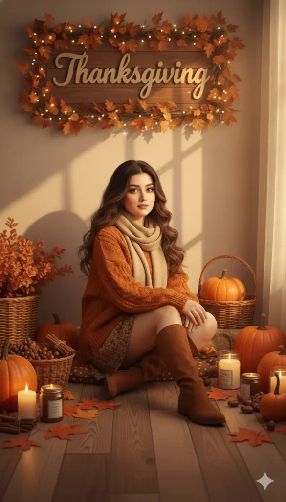 Lifestyle portrait of a girl sitting indoors with Thanksgiving décor, made using a Gemini AI prompt for aesthetic girls’ portraits.