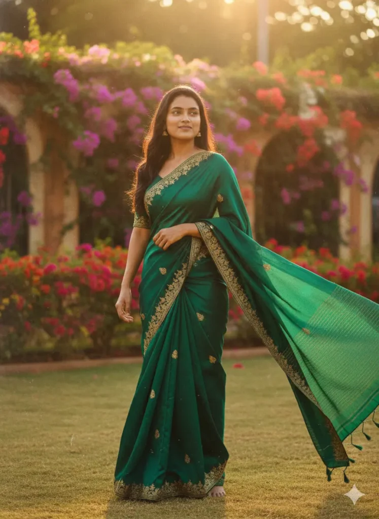 A girl in a green saree standing in a flower garden during sunset, AI-edited using the prompt for Gemini AI girl in saree for natural cinematic tones.